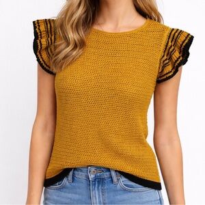 LOFT Honeycomb Knit Top in Mustard Yellow & Black NWT